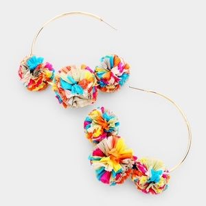 Multi-colored Rafia Pom Pom Hoop Earrings